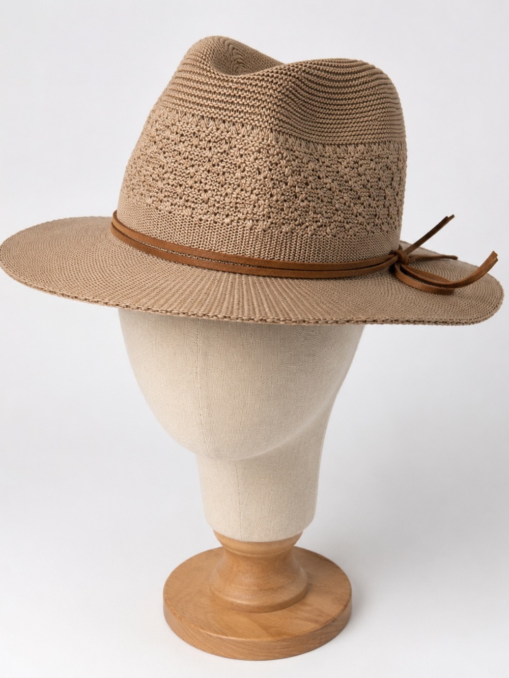 D&Y Beige Straw Fedora with Brown Leather Band